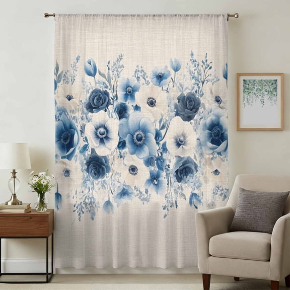 White Blue Flowers Sheer Curtains 54 Inches Long, Spring Floral Pastoral Country Field Light Filering Curtains, Breathable Simi Curtain Privacy Drapes for Kitchen Bathroom Small Window Treatment