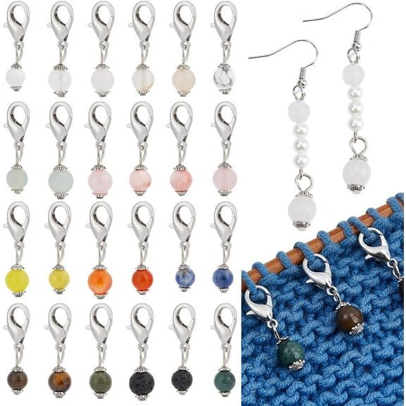24 Pcs Stone Bead Stitch Markers 12 Styles Natural Mixed Gemstone Round Beads Stitch Markers Stitch Needle Clip Crochet Markers for Knitting Weaving Sewing Accessories Jewelry Making Mixed Color