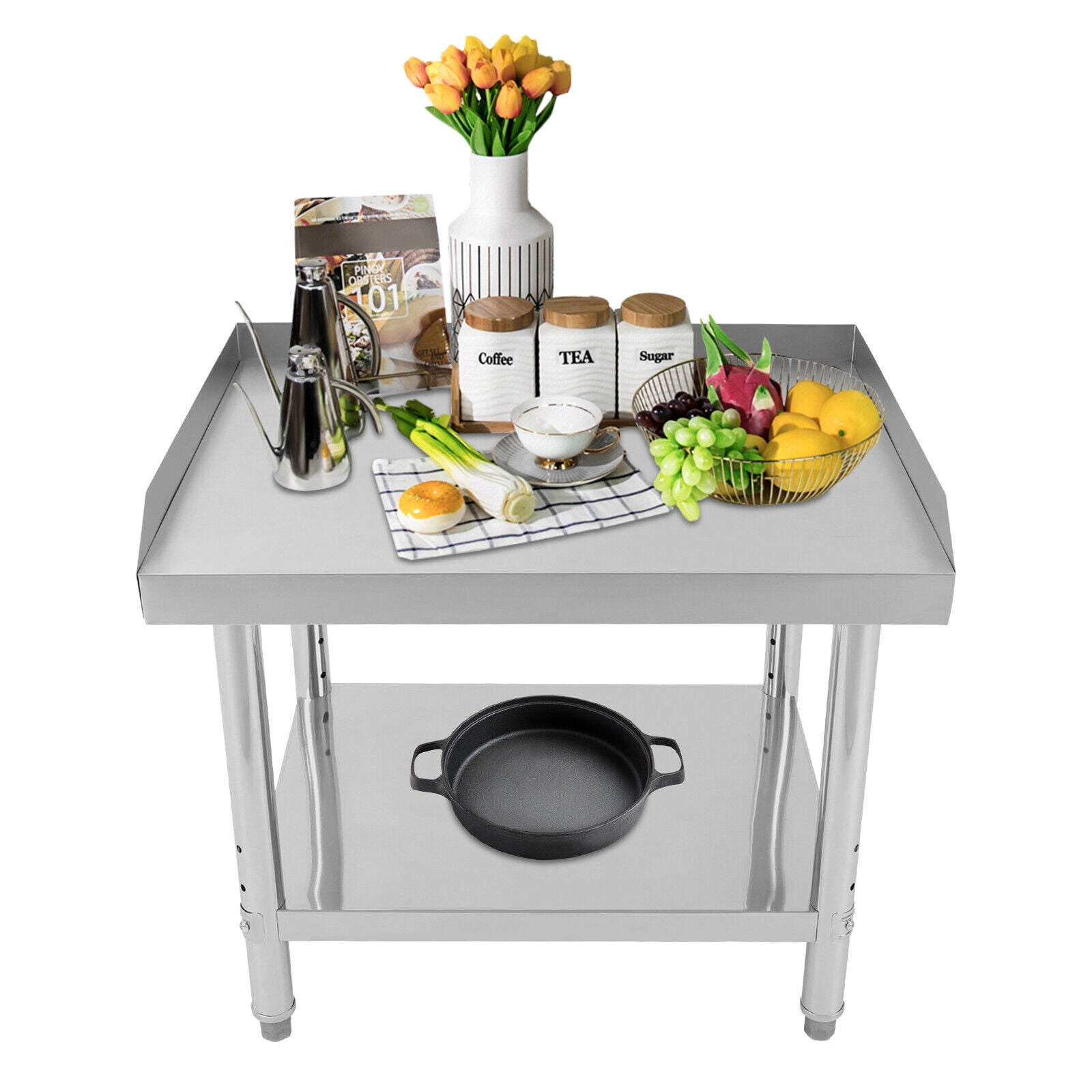 Adjustable Stainless Steel Work Table with Lower Shelf & Backsplash – Heavy-Duty 154 lbs Load Capacity, Rust-Resistant, Easy Clean, Perfect for Kitchen & Garage