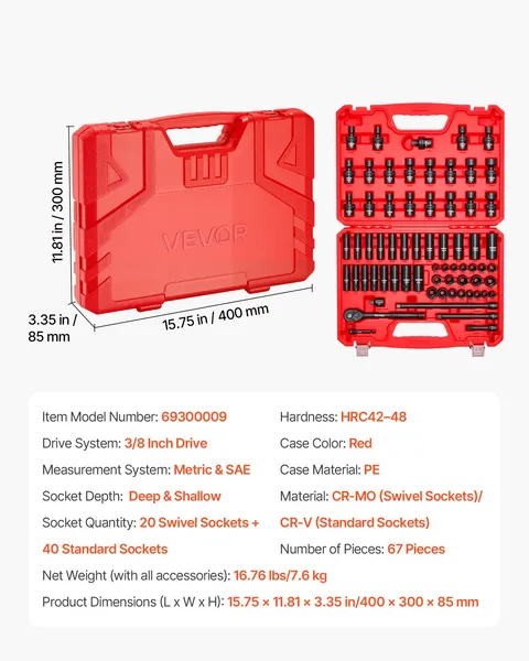 3/8 Inch Drive 67 Piece Impact Socket Set SAE 5/16 to 3/4 Inch Metric 8 to 19 mm 6 Point Shallow Deep Swivel Sockets Adapters Cr-V Cr-Mo Steel Carrying Case