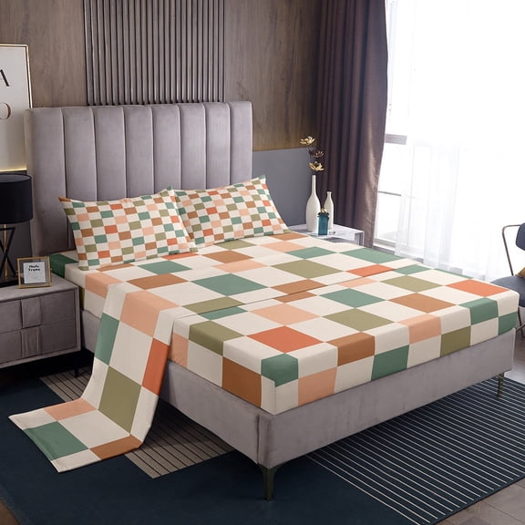 Erosebridal Check Plaid Sheet Set Twin, Geometric Bedding Sets Twin Size, Farmhouse Gingham Decor 3 Pieces