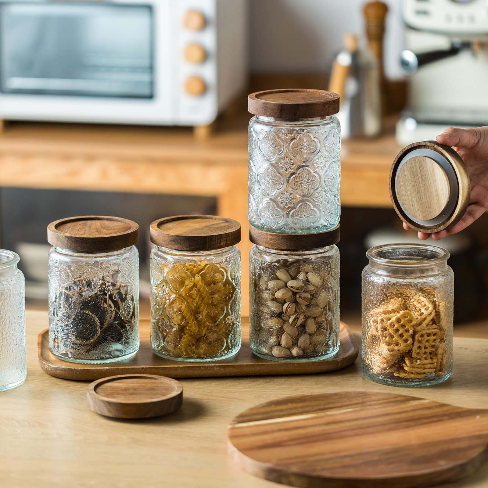 FORHVIPS 24 OZ/2 PCS Glass Food Storage Containers with Airtight Bamboo Wooden Lids,Canning Jars Wide Mouth Mason Jars Canisters Sets for Kitchen Counter,Sugar,Flour,Candy,Tea,Coffee,Oats