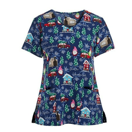 

Women Christmas Scrub Top Christmas Uniforms Short Sleeve Xmas Cartoon Printed Shirt Scrub T-Shirt