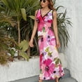 thumbnail image 6 of Watercolor Flowers Pink Fuchsia Womens Night Club Maxi Dress V Neck Sleeveless Bohemia Long Dresses, 6 of 9