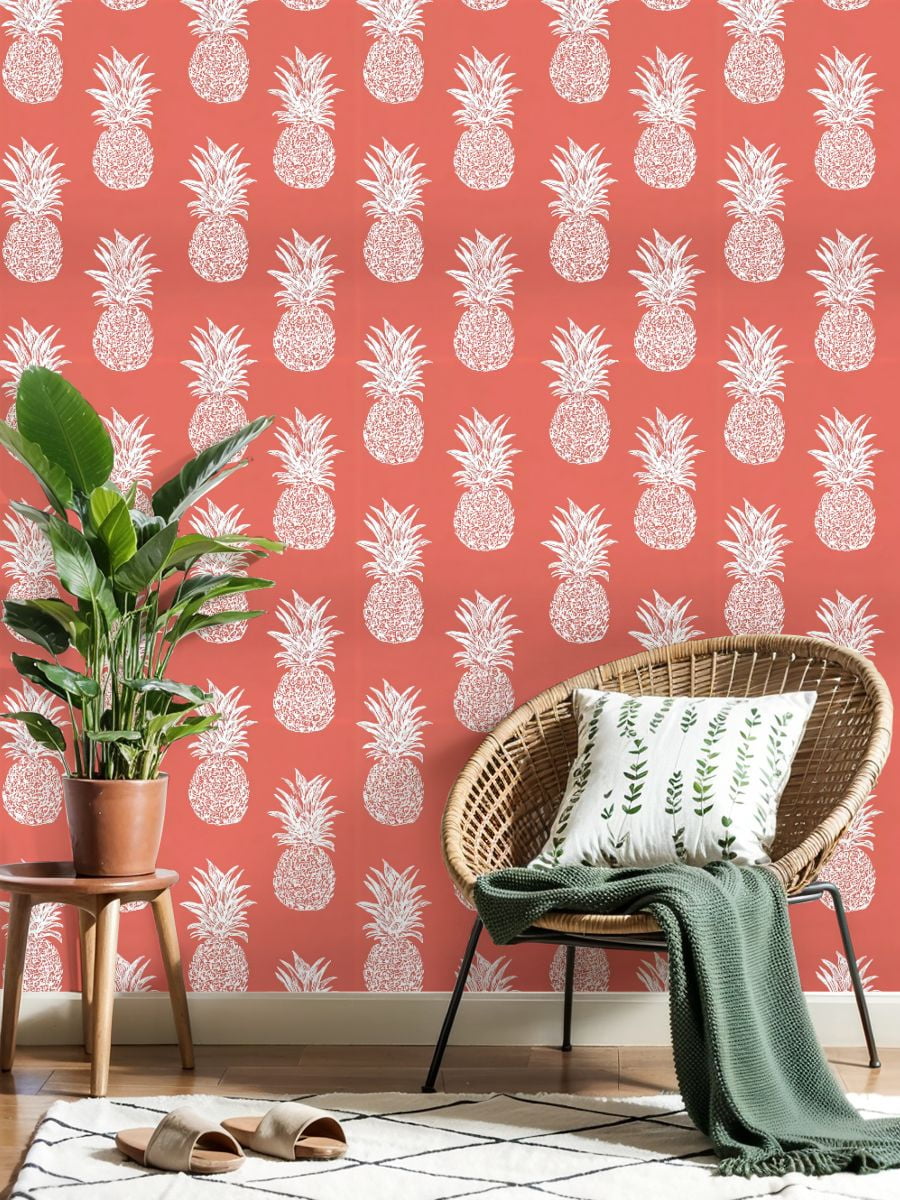 Peel and Stick Wallpaper Tropical Pineapple Coral Hand Drawn Style Wall Mural 23.6in x 9.8ft Self Adhesive Removable Wall Paper Renter Friendly Wallpaper for Nursery Bedroom Cabinets