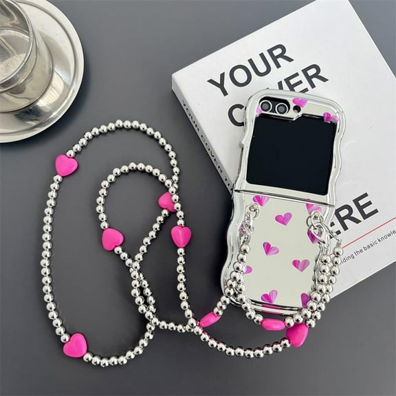 Girly Strap Case for Galaxy Z Flip 5 Plating Mirror Back Cute Love Print, Lovely Phone Case for Samsung Z Flip 5 Beads Lanyard, Fashion Woman Wristband Case for Z Flip 5 (Pink Love/Strap)