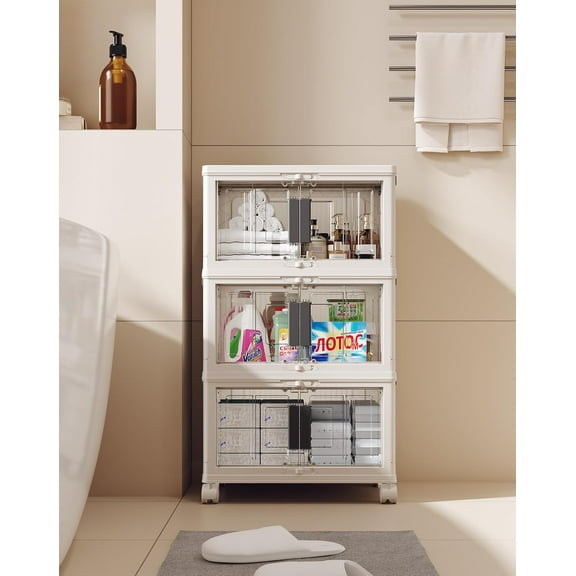 23QT Stackable Storage Bins with Lids - Folding Storage Box with Doors and Wheels, Collapsible Plastic Storage Bins for Closets, Organization and Storage, 3 Pack Cubes (Warm Gray)