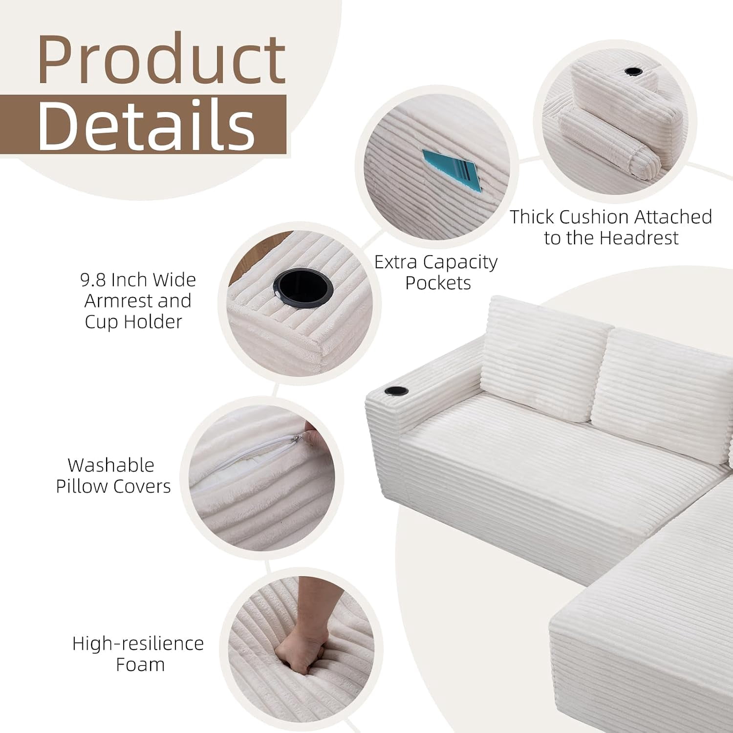 104" Cloud Modular Sectional Sofa, Corduroy Boneless L-Shape Chaise Couch with Deep Seat for Living Room Bedroom, No Assembly Required