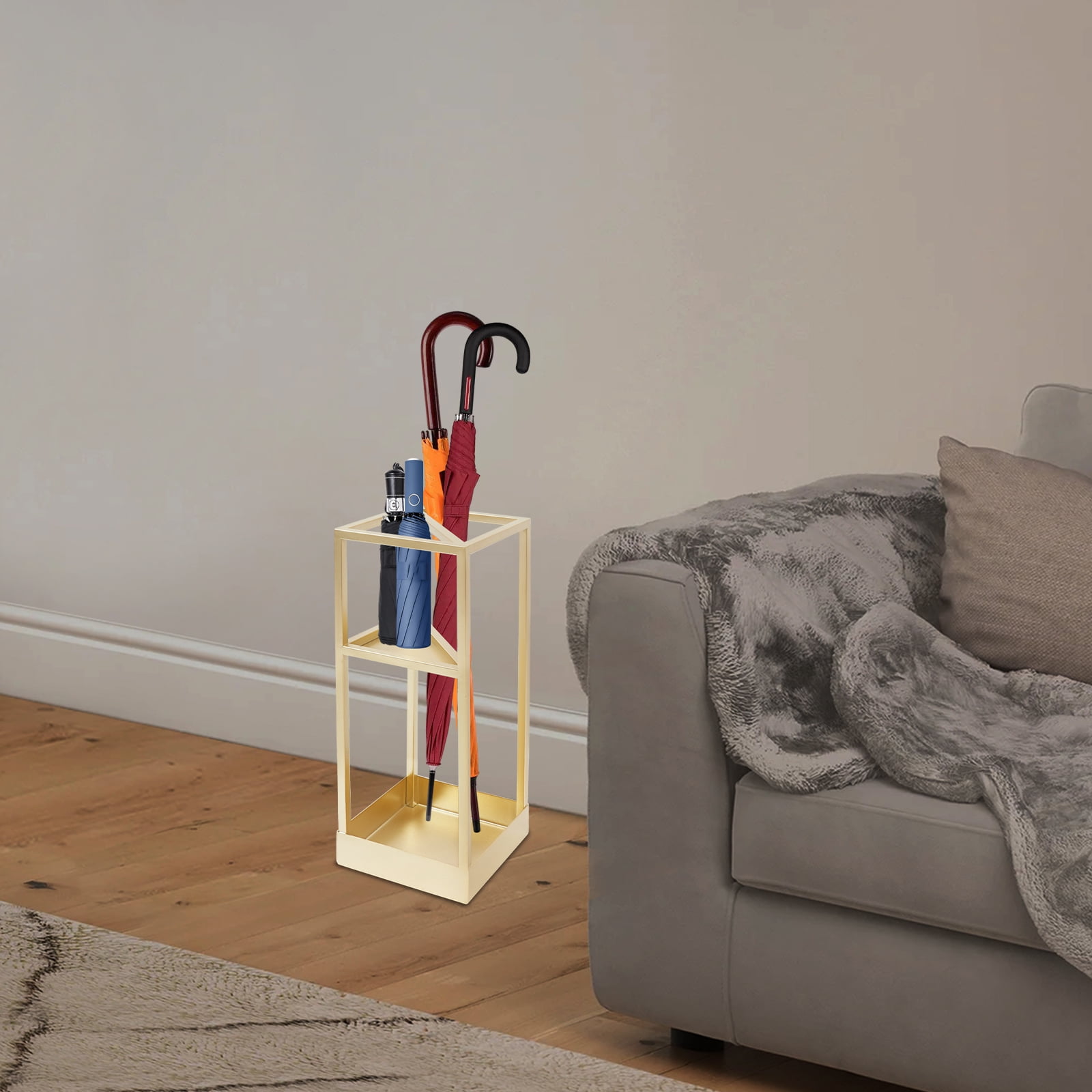 Gold Umbrella Rack 20.9in Tall Square Iron Stand with Drip Tray Freestanding Umbrella Holder