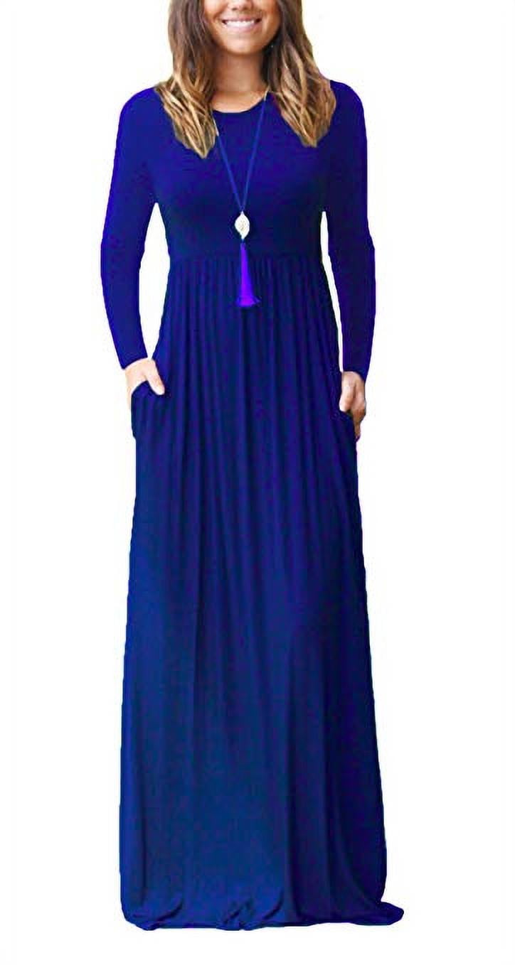 Women Long Sleeve Loose Plain Maxi Pockets Dresses Casual Long Dresses ...