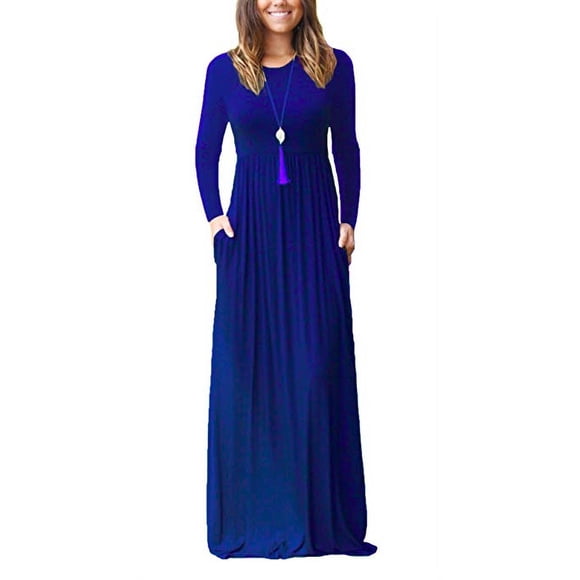 Women Long Sleeve Loose Plain Maxi Pockets Dresses Casual Long Dresses