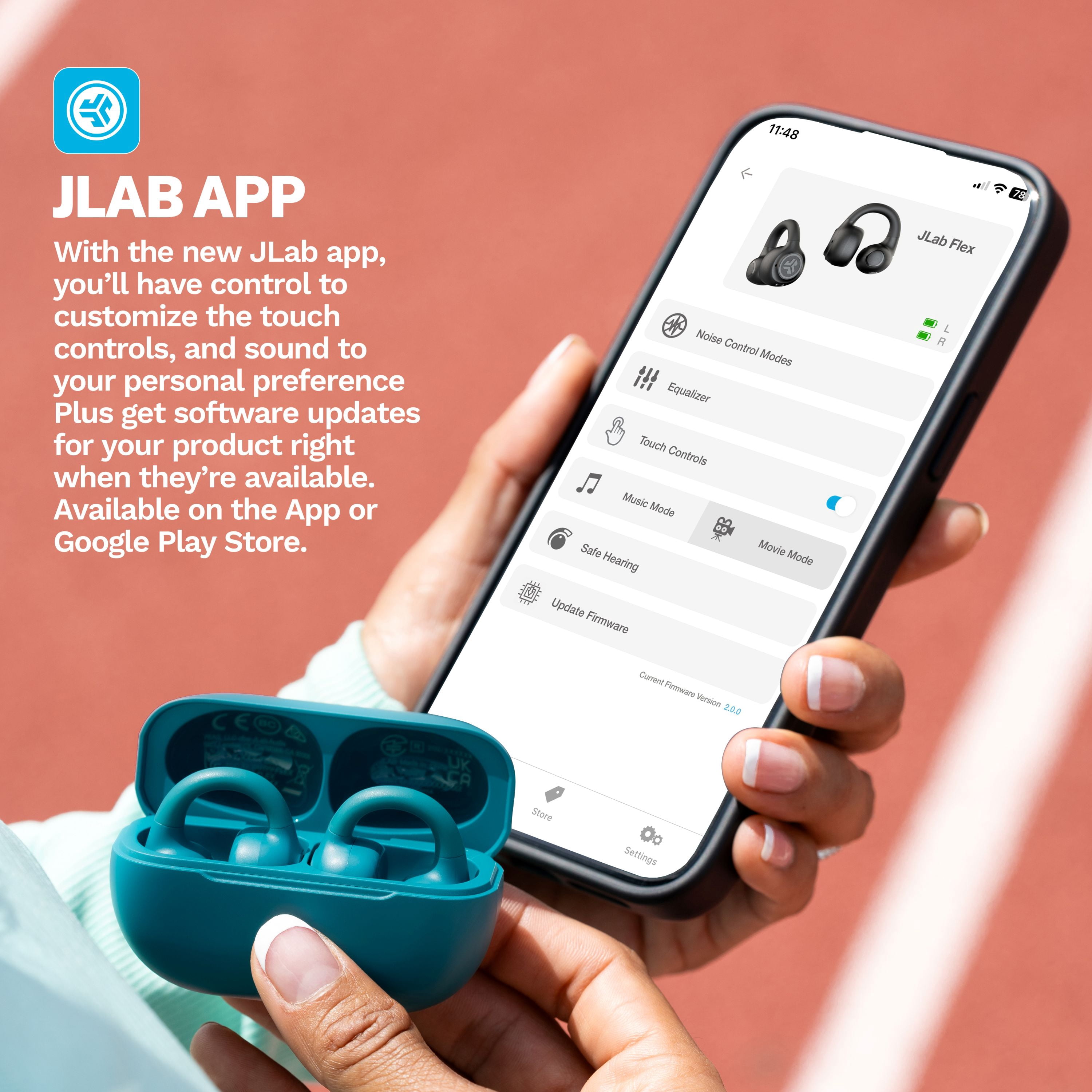JLab Flex Open Earbuds, Teal, Open-Ear Clip Design, 21+ Hr Playtime, IPX4, Multipoint, Clear Calls, Fast Pair