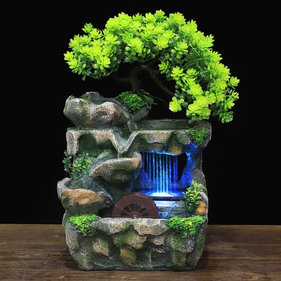 Tabletop Water Fountain Small Rockery Waterfall with LED Light Table Ornament For Living Rooms, Offices