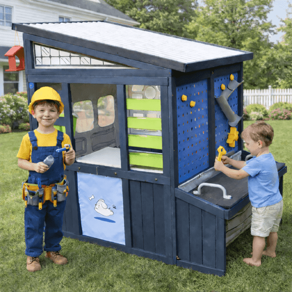 iYofe Outdoor Playhouse for Kids, Wooden Play House with Workbench & Accessories, Kids Outdoor Play Toys for Backyard