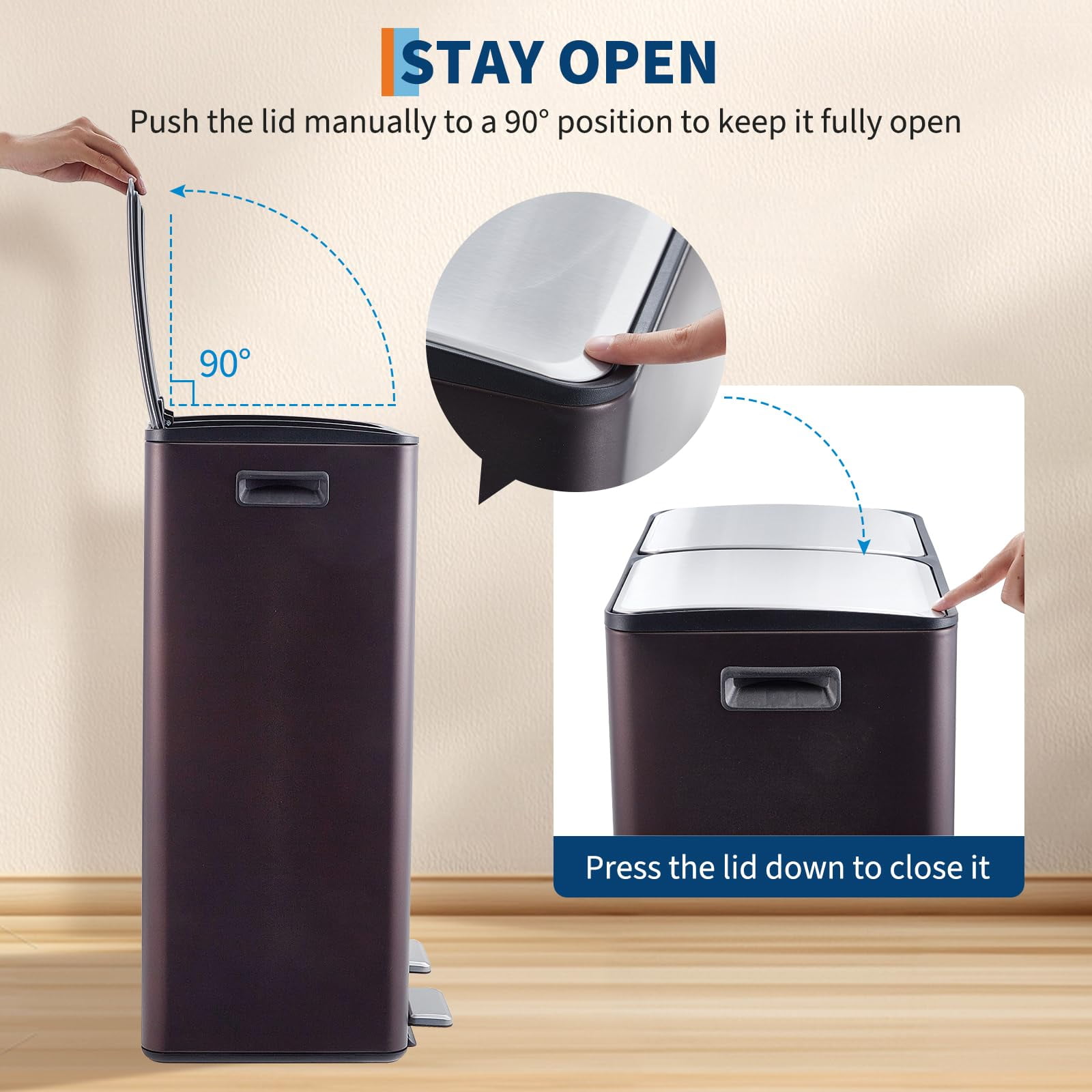 Dual Trash Can, 16 Gal (2 x 30 l) Kitchen Garbage Can with Lid and Inner Bucket, Double Compartment Trash and Recycle Bin Combo with Step Pedal