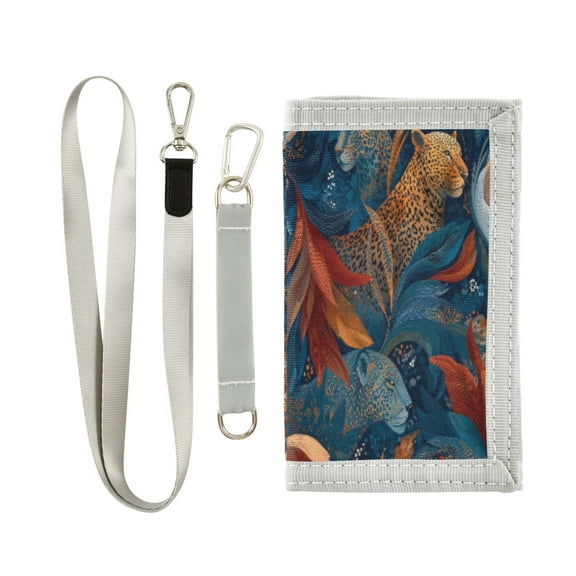 Cloth Wallet with Lanyard & Multiple Compartments Fashion Purse Zipper Clutch Bag for Cash Cards Coins Leopard and Flying Feathers