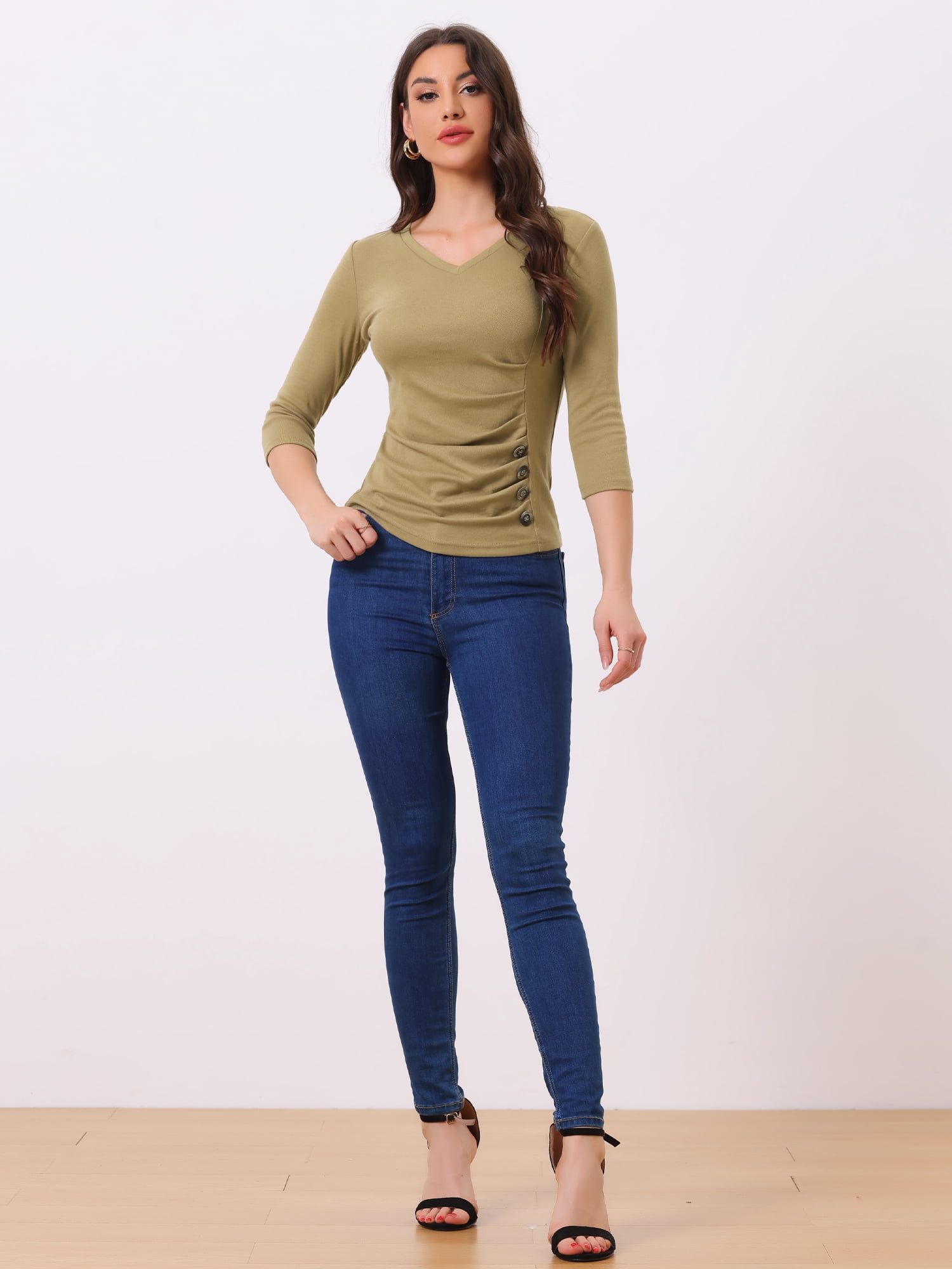 DARING DIVA V Neck Knitted Buttons Decor Ruched Blouse Top XS Tan