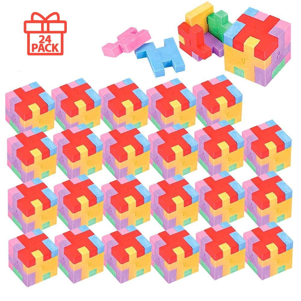 Puzzle Cube Eraser Pack of 24 Assorted Colored Rubiks Block Jigsaw