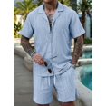 thumbnail image 6 of Men'S Camp Collar Jacquard Button Up Shirt and Drawstring Shorts Two Piece Outfit Light Blue L, 6 of 9