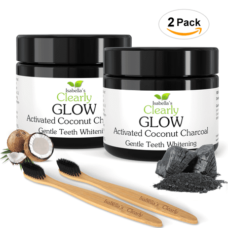 Isabella's Clearly GLOW Coconut - 2 Packs of Teeth Whitening Activated Charcoal (25mg each) + 2 Extra Soft Bamboo Toothbrushes. Food Grade, Non GMO, All Natural. No Additives or