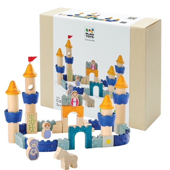 PlanToys® Castle Blocks Wooden Montessori Building and Imaginative Play Set | Creative Thinking, Fine Motor and Early STEM Learning Activity | Eco Friendly Open Ended Construction Toy