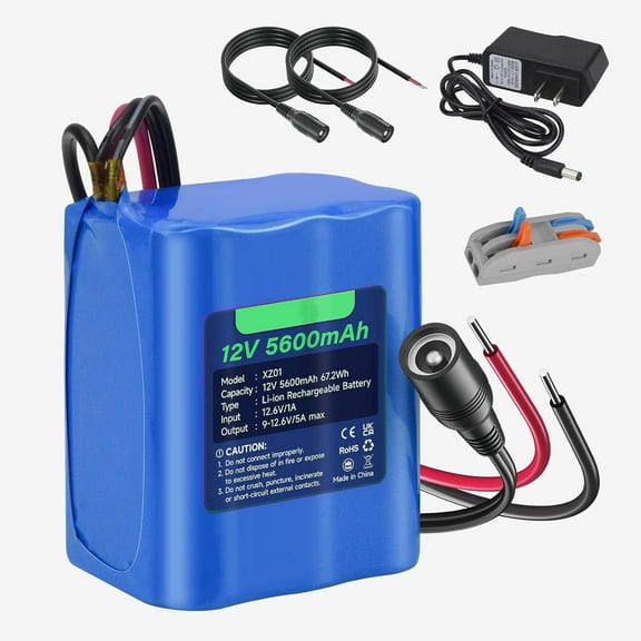 Rechargeable 12V 5600mAh Li-ion Battery, Bare Leads Wire Replacement Battery Pack with Charger Compatible with 12V Devices RC Car,LED Strip,DIY,Electronic Organ,Optical Network Unit,CCTV Camera