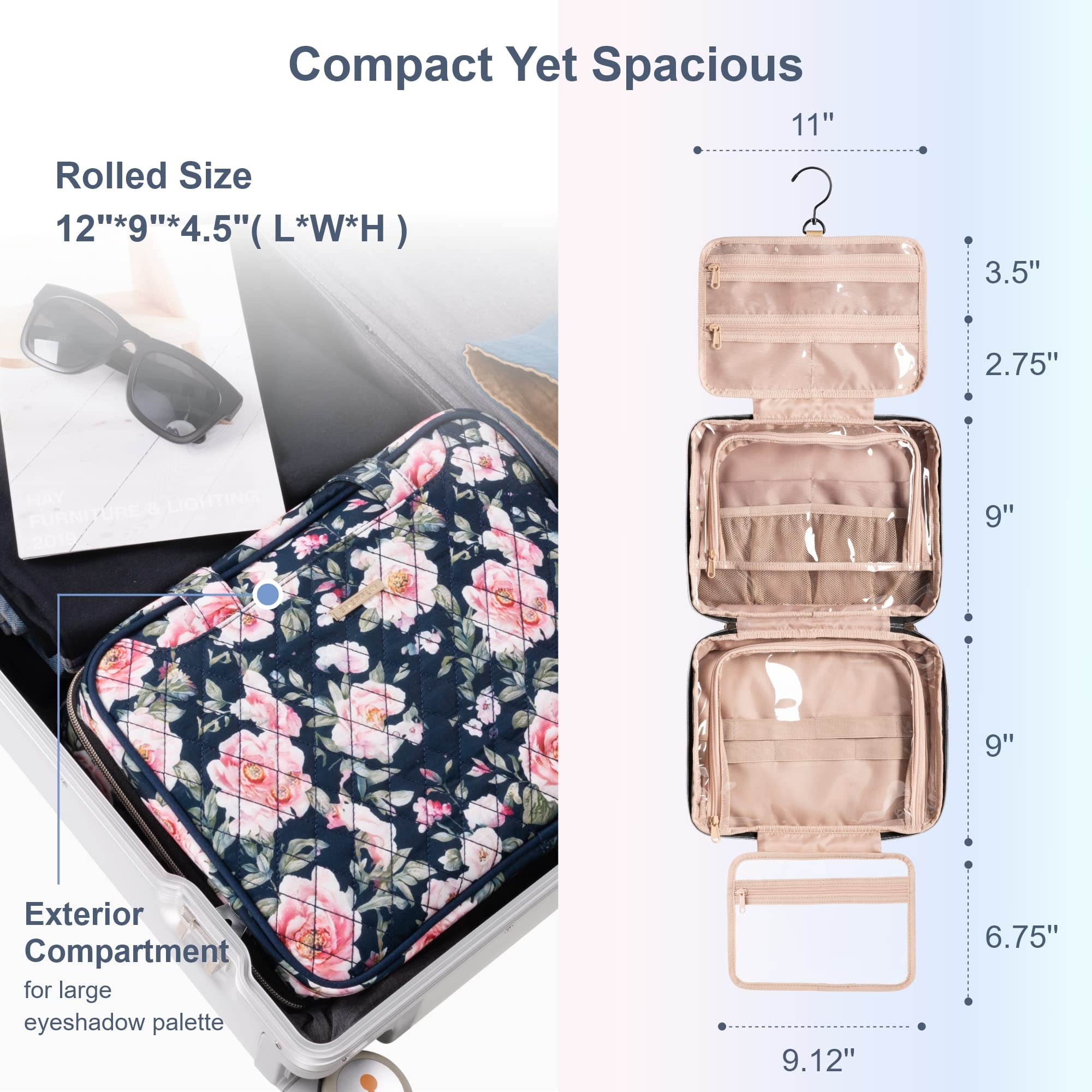 EVERFUN Large Travel Makeup Bag for Women Hanging Toiletry Bag Full Sized Cosmetic Bag Organizer Kit