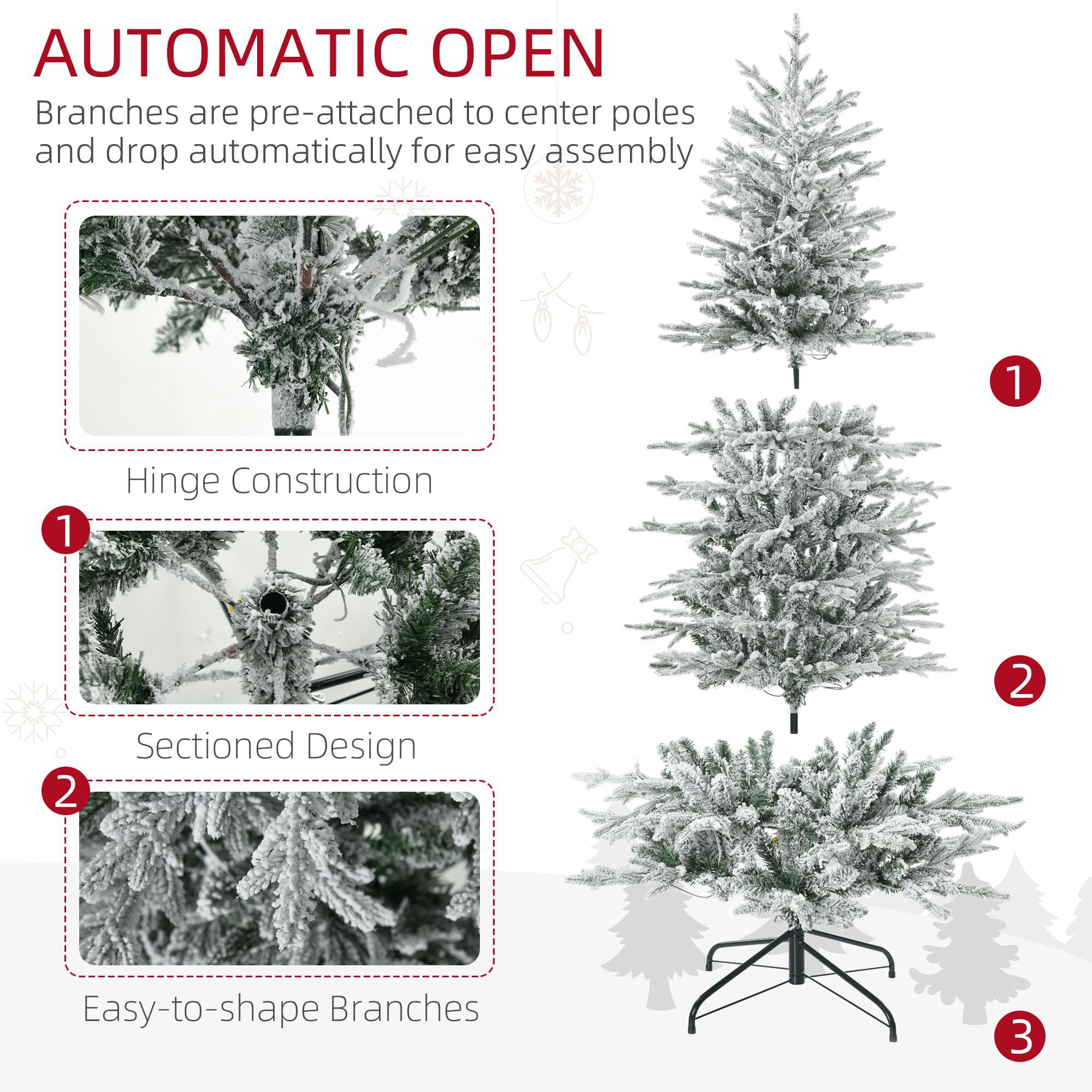 Pre-Lit Flocked Christmas Tree, 6 ft Artificial Tree with 250 Warm Yellow Lights, 636 Tips, Snow Branches, Auto Open, Indoor Holiday Decoration