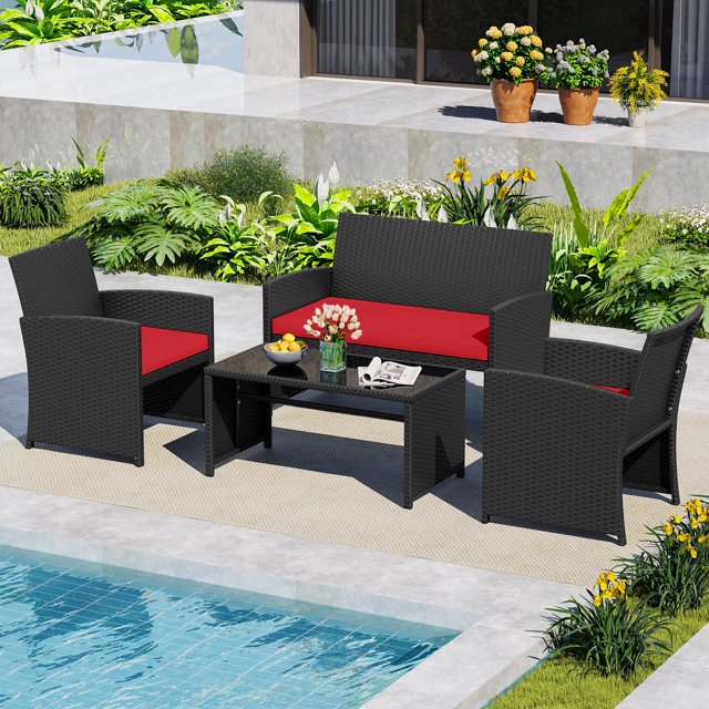 Costway 4 PCS Patio Conversation Set with Seat Cushions & Tempered Glass Tabletop, Porch Red+Black