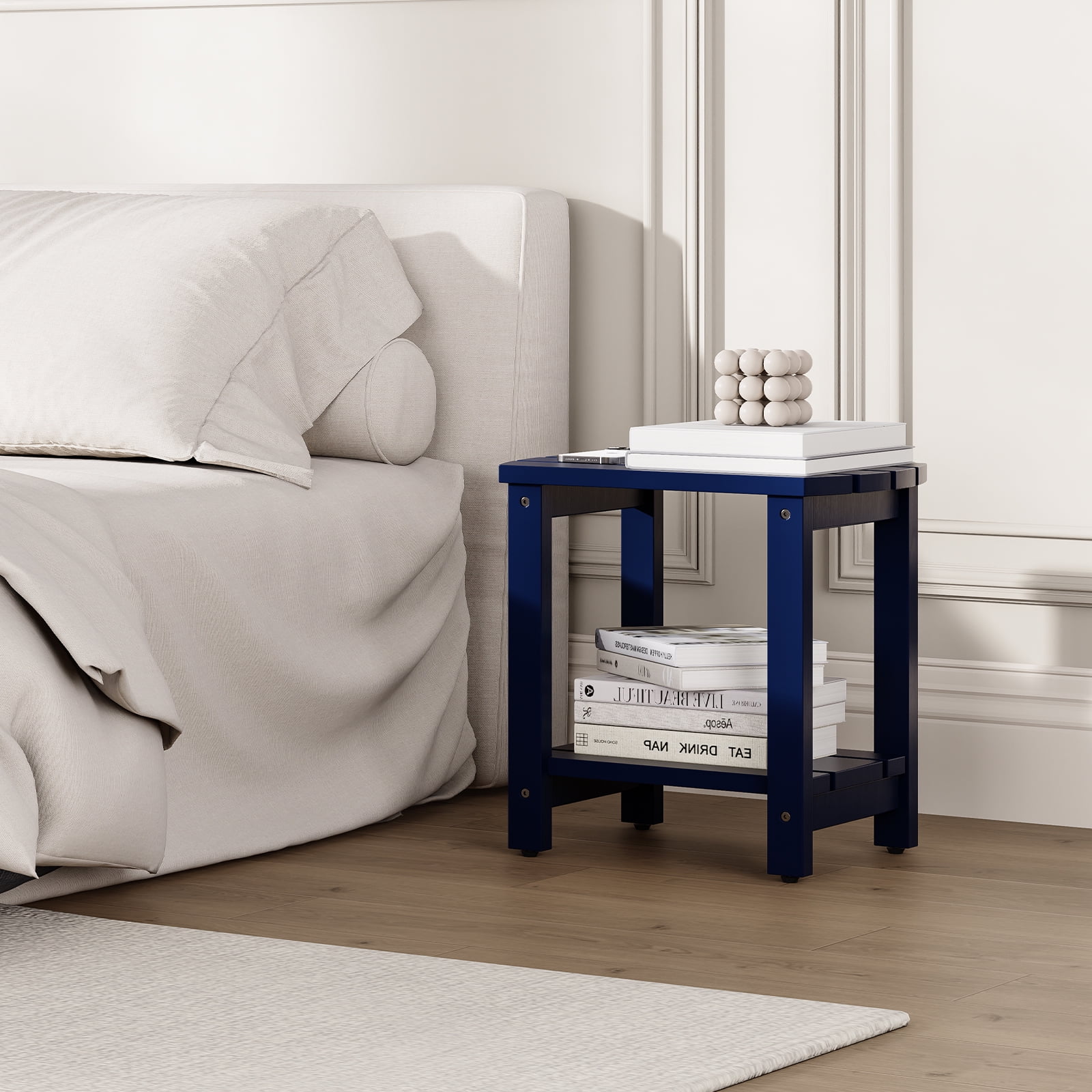 Indoor Outdoor Mid-Century Weather-Resistant Pine Wood Rectangle End Table, Navy Blue (2PCS)