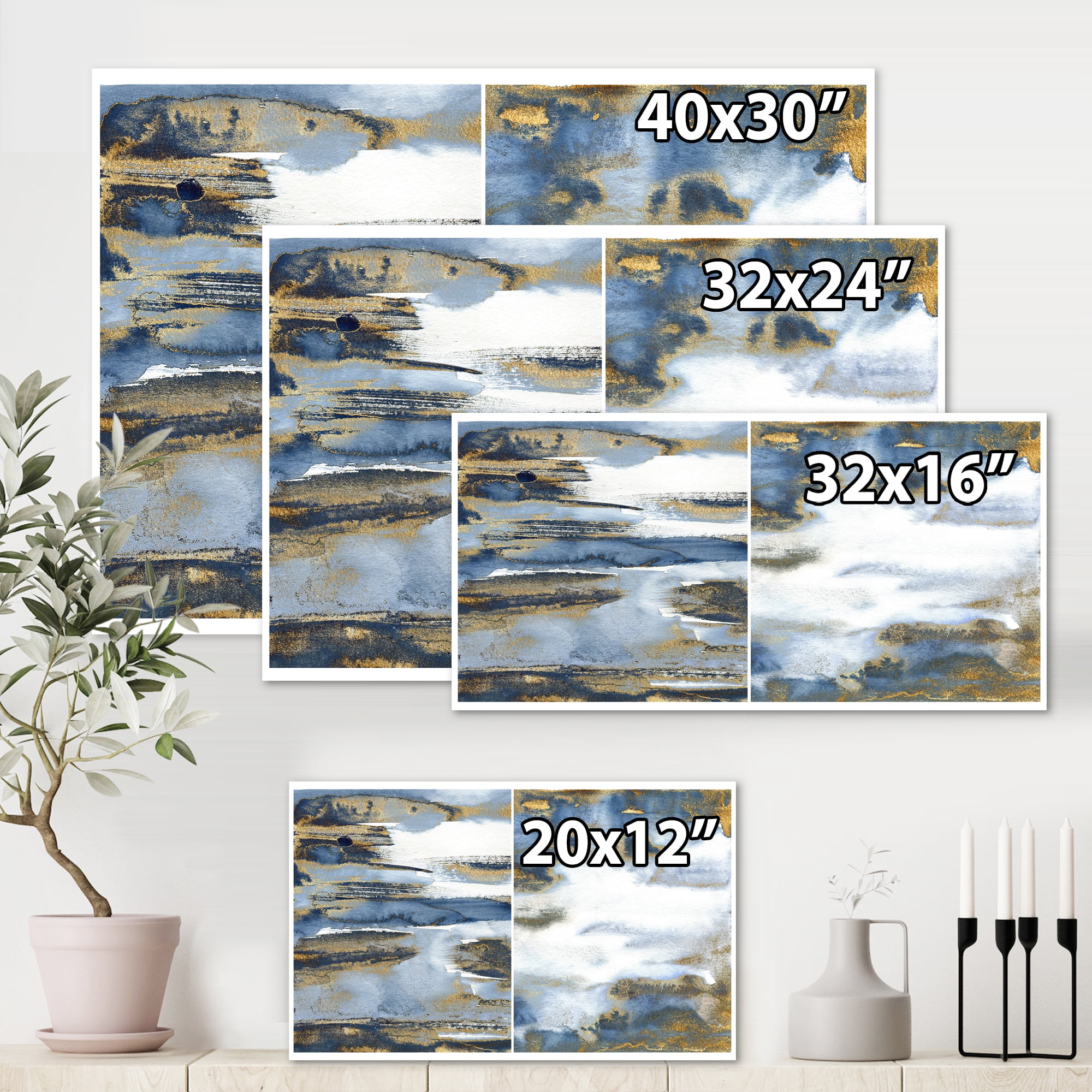 Designart ' Gold and Dark Blue Abstract Waves III ' Modern Canvas Wall Art Print