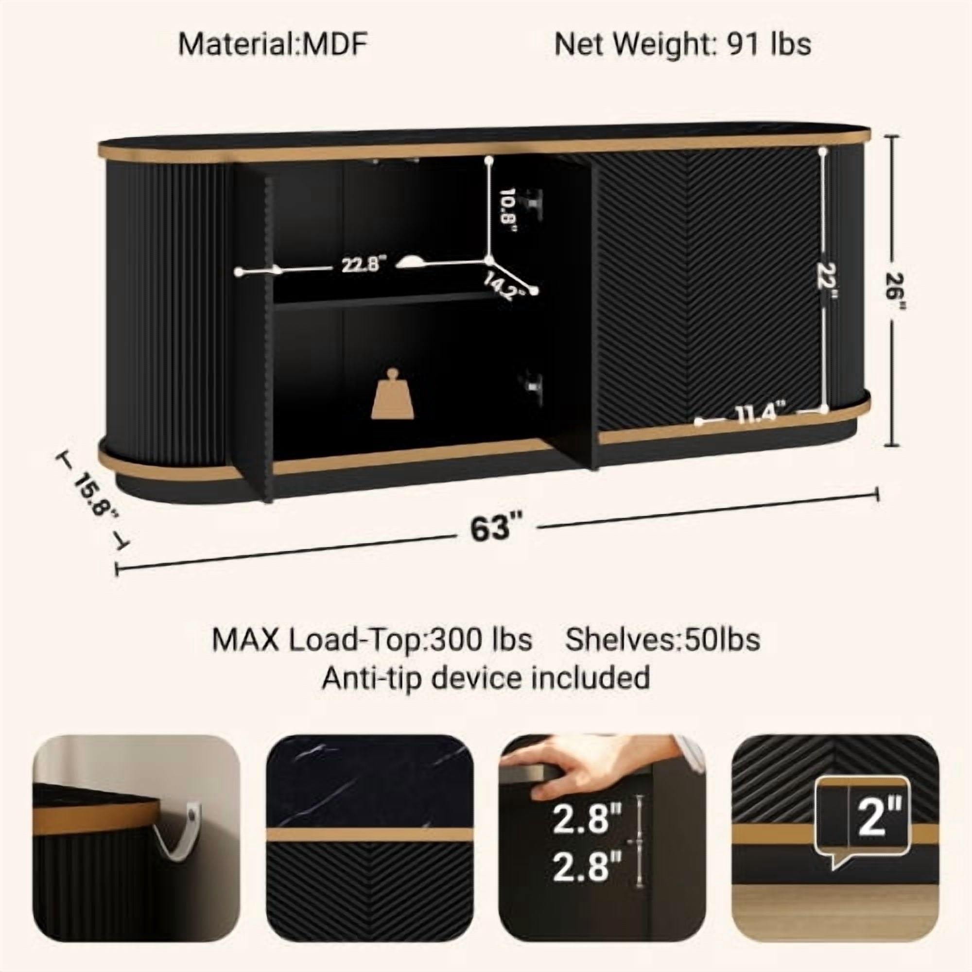 63" Diagonal Fluted Sideboard Cabinet with Gold Trim & Faux Marble Top – Buffet Credenza TV Stand for Living Room, Dining Room, Black