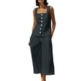 thumbnail image 3 of Ihhxva Cotton Linen Two Piece Set for Women Solid Color Stretchable Square Neck Sleeveless Slim Ankle Length Multi-Pocket Wrinkle-Resistant Summer Outfit S-2XL, 3 of 8