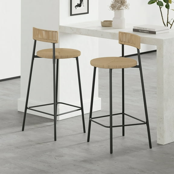 Hand Woven Bar Stools Set of 2 - Paper Rope Counter Height Stools with Backrest & Footrest, Black Metal Frame & Honey Seat, 26.57" Seat Height for Kitchen Island & Dining Rooms