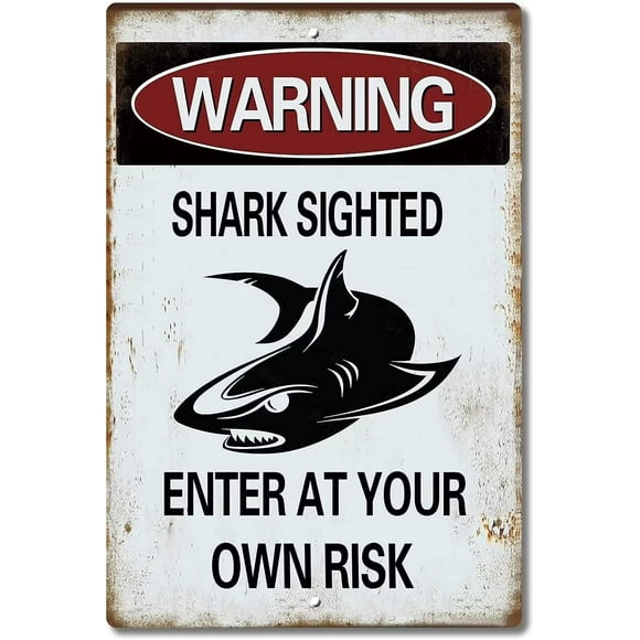 Warning Shark Signs Enter At Your Own Risk, Vintage Tin Sign Shark Dangerous Warning Metal Sign Outdoor Beach Pool Patio Wall Decor Shark Warning Plate 12"x16"