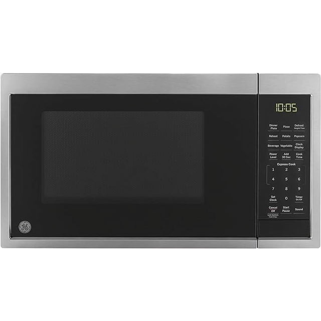 GE GCST09N1WSS - Horno de microondas, 900 vatios, 7 ajustes de cocción automática, tecnología de bloqueo para niños, esenciales de cocina para la encimera, recámara o departamento, 0.9 Cu. Pies, acero