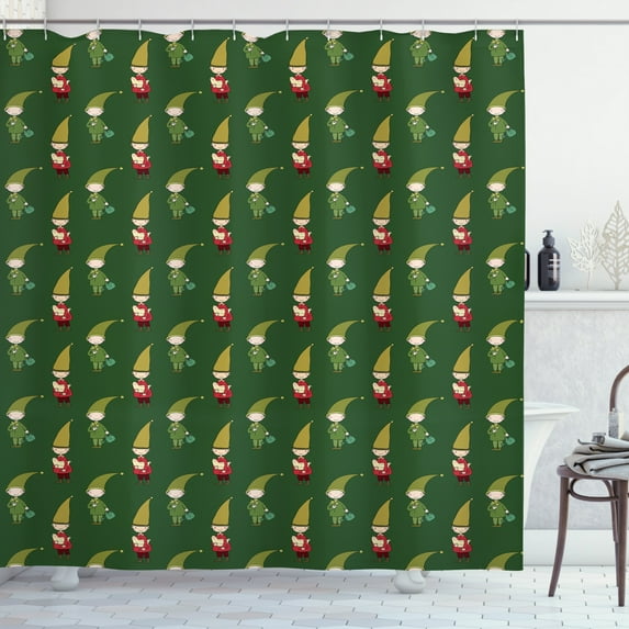 Gnome Shower Curtain, Elves with Dove Birds and Watering Clove Cartoon Style Composition, Fabric Bathroom Set with Hooks, 69W X 84L Inches Extra Long, Forest Green Ruby Vermilion, by Ambesonne