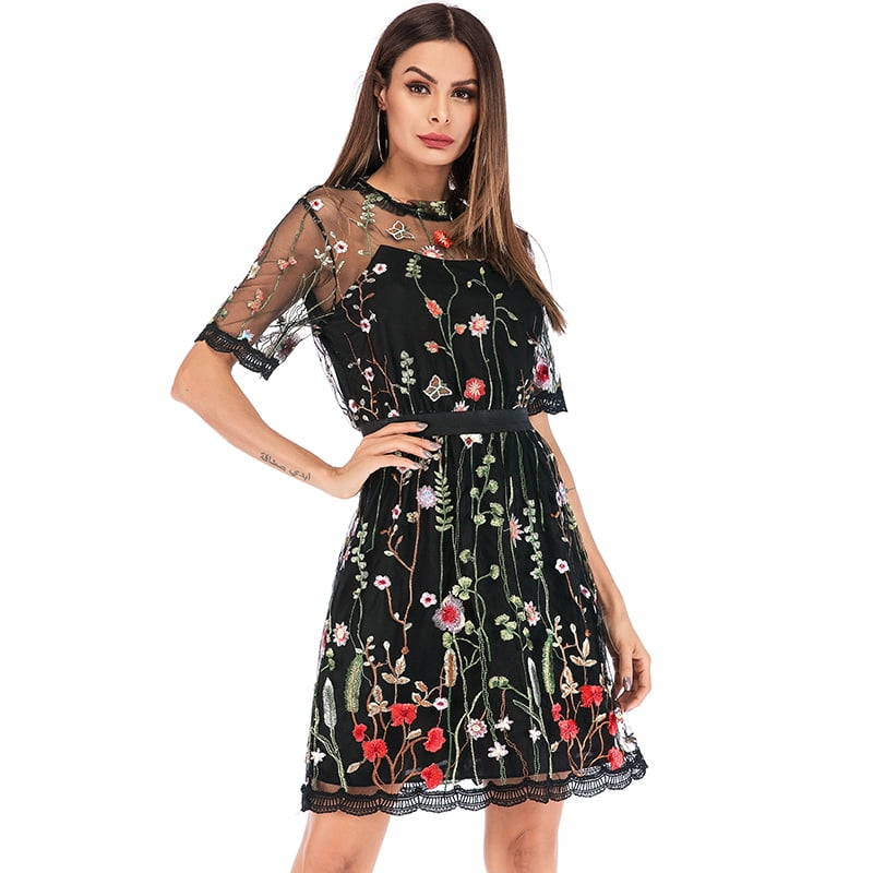 Women Mini Dress Floral Embroidery 