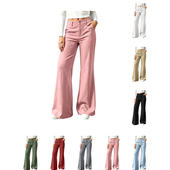 Atkumj Wide Leg Pants Woman Trendy High Waist Button Pants Casual Solid Color Baggy Flare Leggings for Women with Side Pockets S