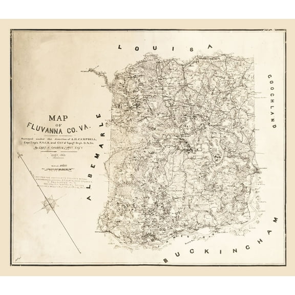 Historic County Map - Fluvanna County Virginia - Cassell 1863 - Vintage Wall Art