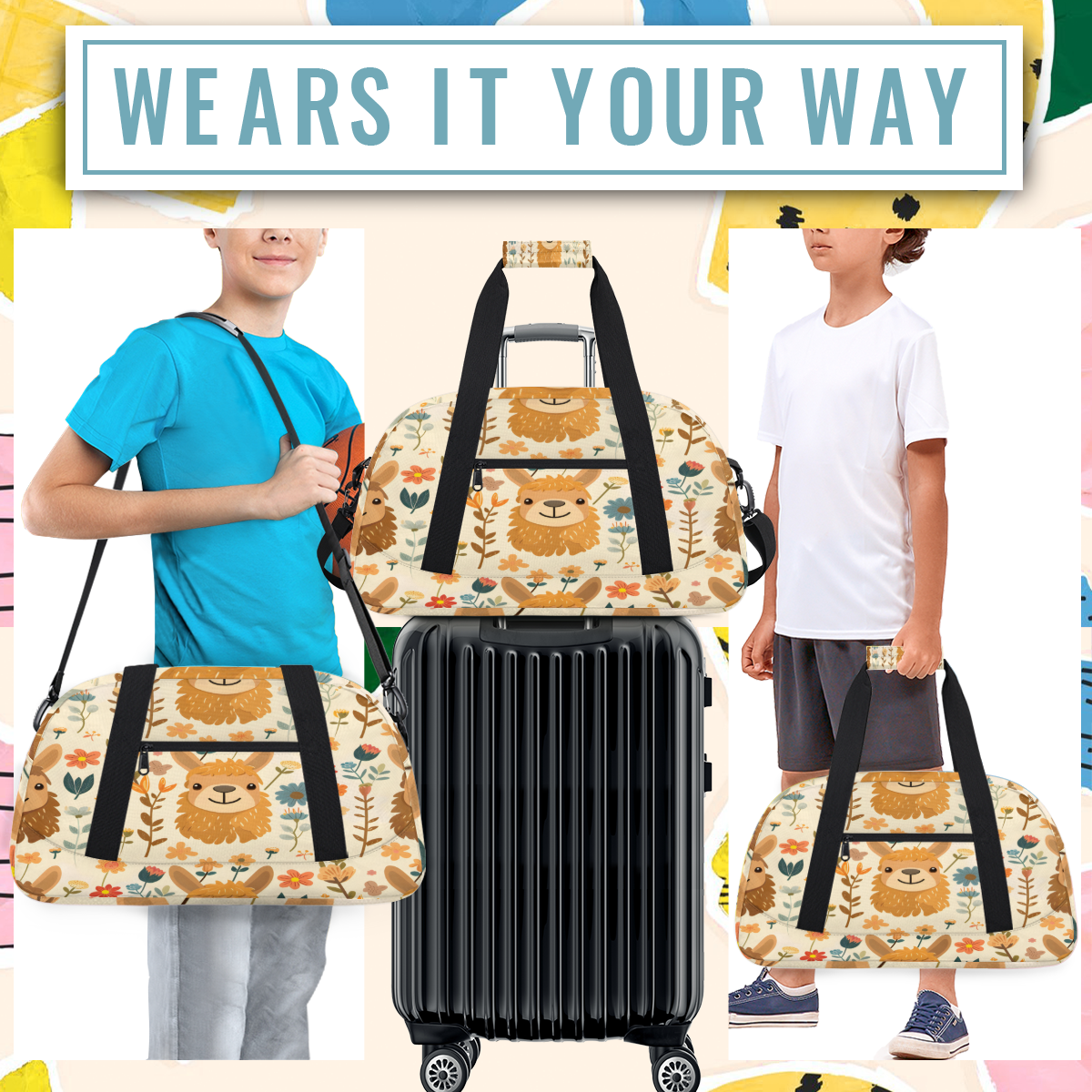 Herdesigns Cute Llama Sports Duffle Bag for Women & Men, Llama Floral Gym Bag Dance Bag Overnight Bag Carry On Weekender Travel Bag