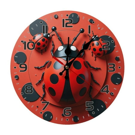 Red Beetle Dot Wall Clock 10 Inch Silent Non Ticking Round Clock Decoration for Living Room Kitchen Bedroom Bathroom Office Classroom