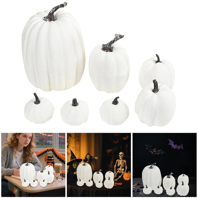 Artificial Pumpkins 7PCS White Fake Foam Pumpkins Assorted Sizes Fall Harvest Thanksgiving Halloween Seasonal Tabletop Shelf Desktop Home Decoration Display Set