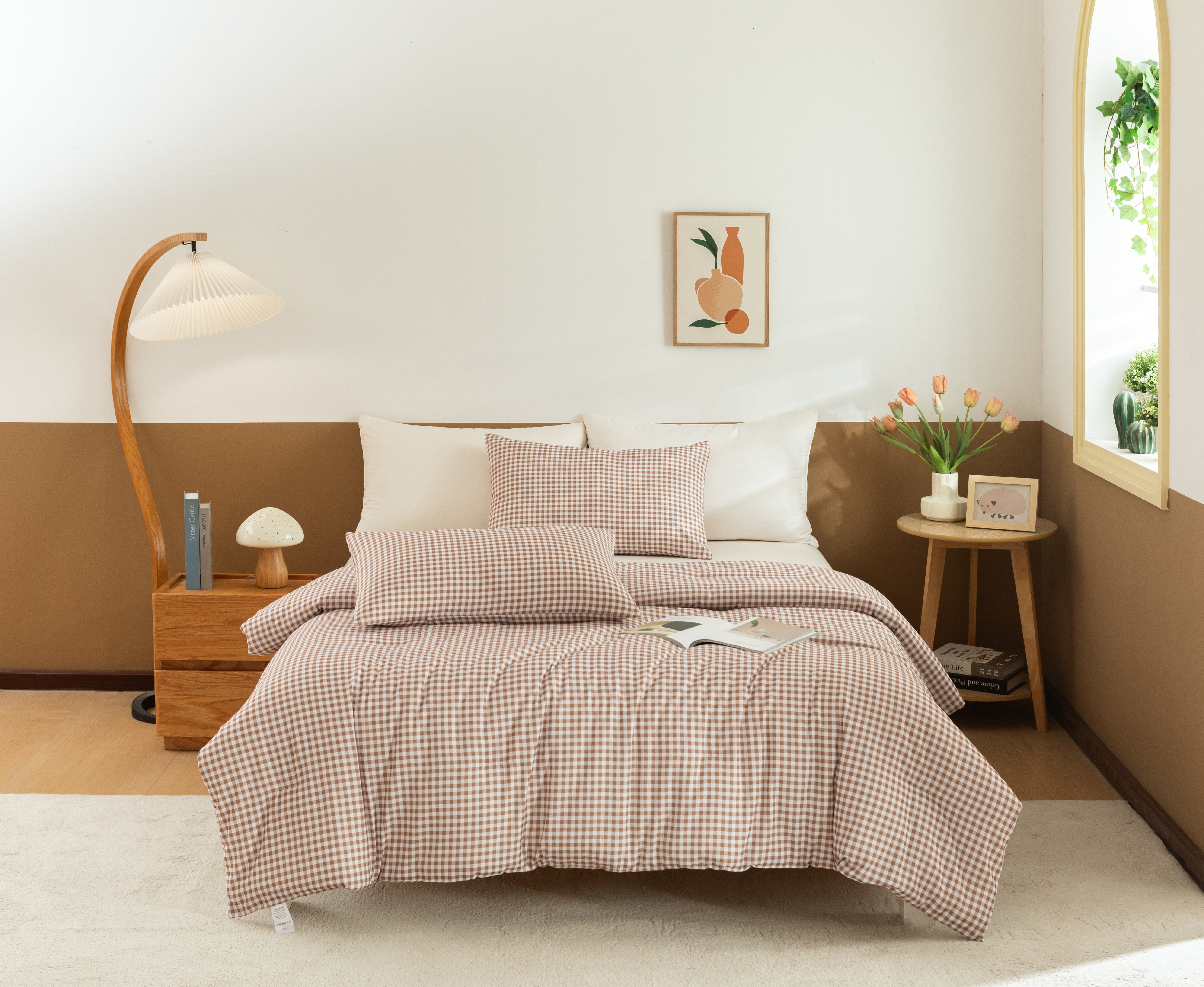 JJCOITR Boho Tan Gingham Full Comforter Set Modern Style Taupe Plaid Buffalo Bedding Set Checked Bed Set 3 Pieces for All Season