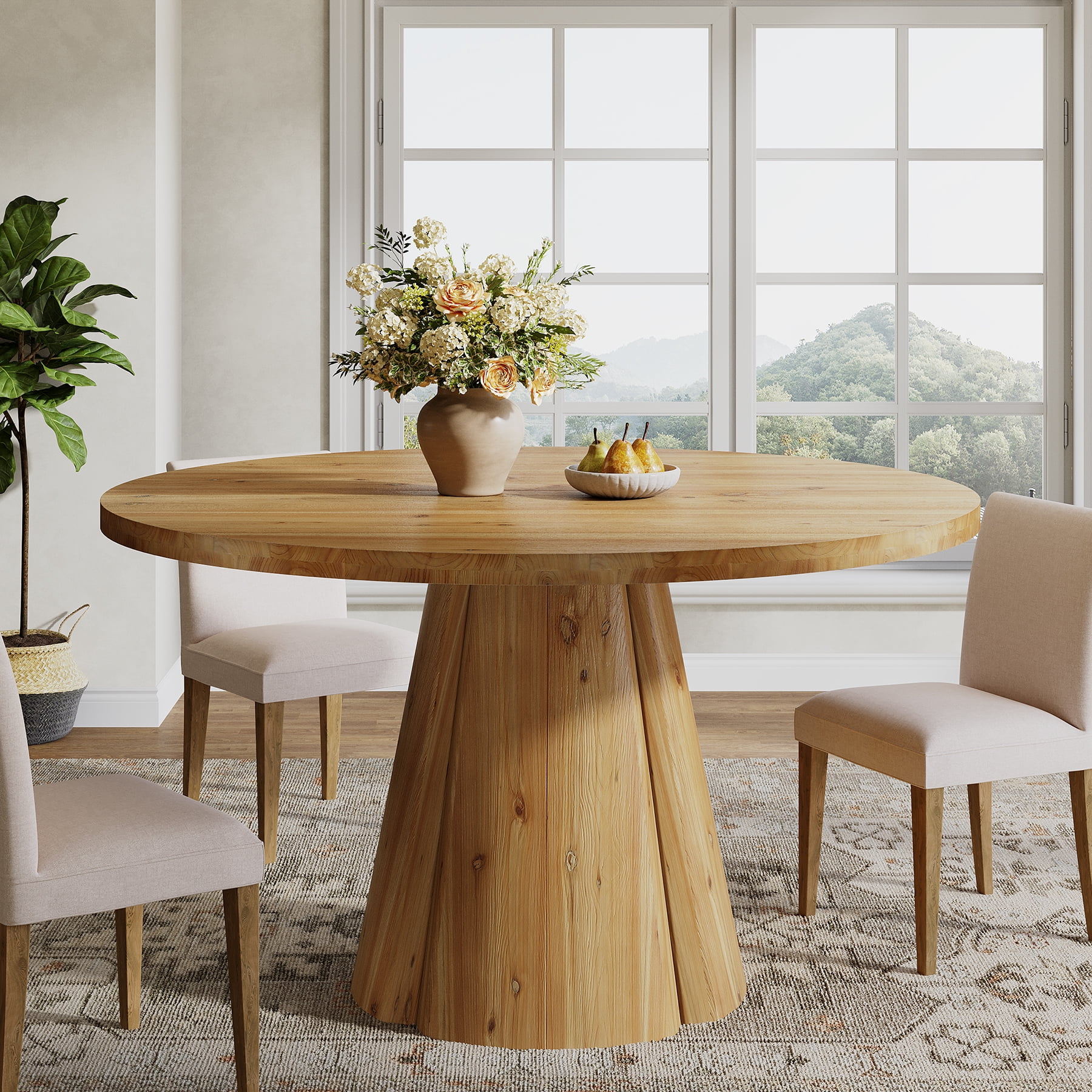 Tribesigns 47.24-Inch Solid Wood Dining Table, Farmhouse Round Kitchen Table with Wooden Pedestal Base for 4-6, Dinner Furniture for Kitchen, Home Dining Room, Easy Assembly