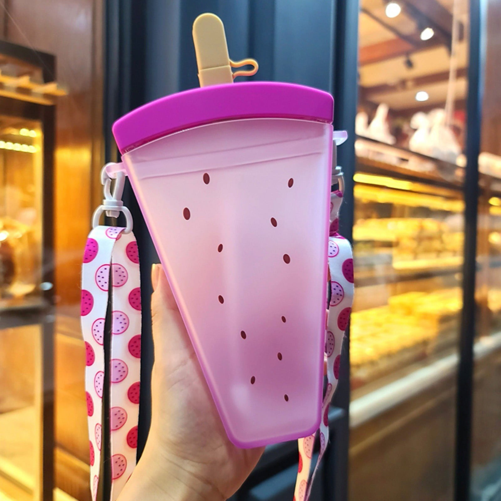 THHEIC 320ml Cute Watermelon Design Insulated Straw Water Bottle with Shoulder Strap, Portable Popsicle Cup for Gym, Office, Travel, and Outdoor Activities