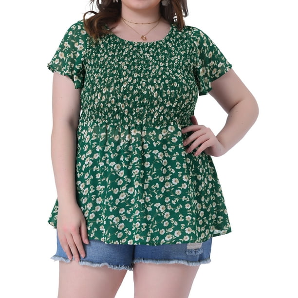GRACE & GRANDEUR Blusas de Chifón de Talla Grande para Mujeres, Blusa de Verano con Manga Corta, Peplum Floral Ditsy 4X Verde