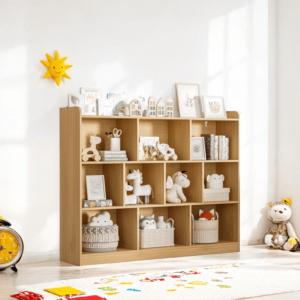 DIYART Oak Wood Bookcase with 3 Tier Open Shelves, 10-Cube Storage Shelf, 43.3" W x 35.4" H