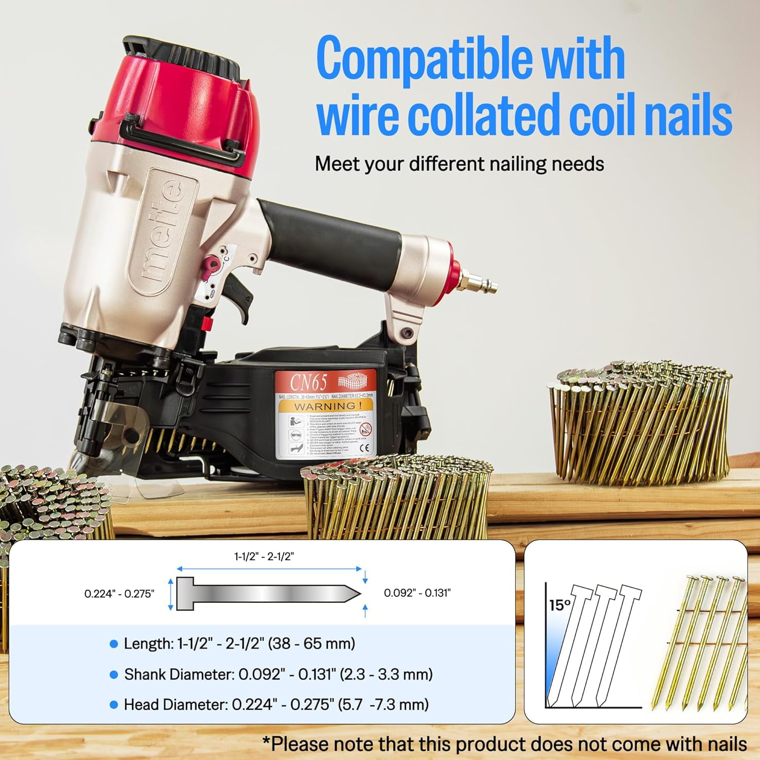 meite Pneumatic Coil Decking Nailer CN65, Drives 15 Degree 1-1/2" to 2-1/2" Length Coil Nails for Siding, Sheathing, Fencing, Roofing