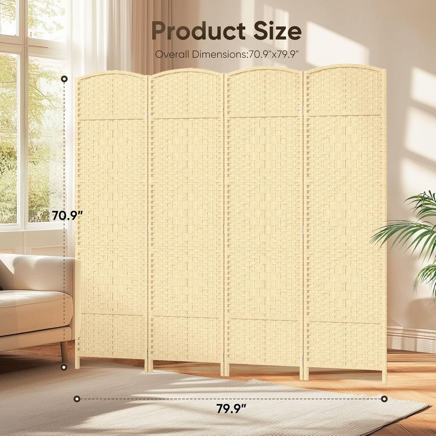 Jostyle Room 6ft Tall Divider with Hand-Woven Design, 4-Panel Folding Privacy Screen Freestanding White